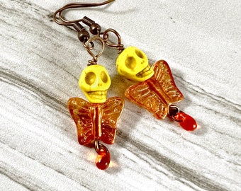 Day of the Dead, Sugar Skull Earrings, Orange Butterfly Earrings, Best Friend Birthday Gift,