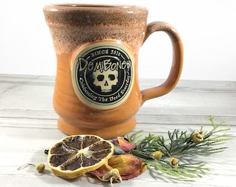 Deneen Pottery Sunset Orange Skull Mug: Custom DemBones 12oz Handmade Stoneware