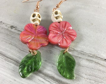 Spooky Cute, Tiki Earrings, Mother of Pearl, Sugar Skull Earrings, Best Friend Gift,