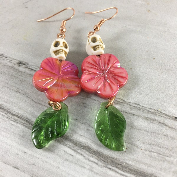 Spooky Cute, Tiki Earrings, Mother of Pearl, Sugar Skull Earrings, Best Friend Gift,