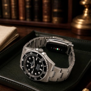 May include: A silver-tone Rolex Submariner wristwatch with a black dial and rotating bezel. The watch features a metallic link bracelet integrated with a small black electronic sensor module on the underside, displaying a glowing green light.