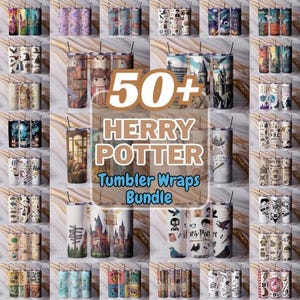 May include: A collection of over 50 Harry Potter-themed tumbler wraps. The tumblers feature various designs, including Hogwarts, characters, and iconic imagery from the series. The text on the image reads "50+ Herry Potter Tumbler Wraps Bundle."