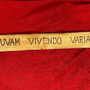 May include: A wooden sign with the Latin phrase "Uva Uvam Vivendo Varia Fit" burned into the surface.