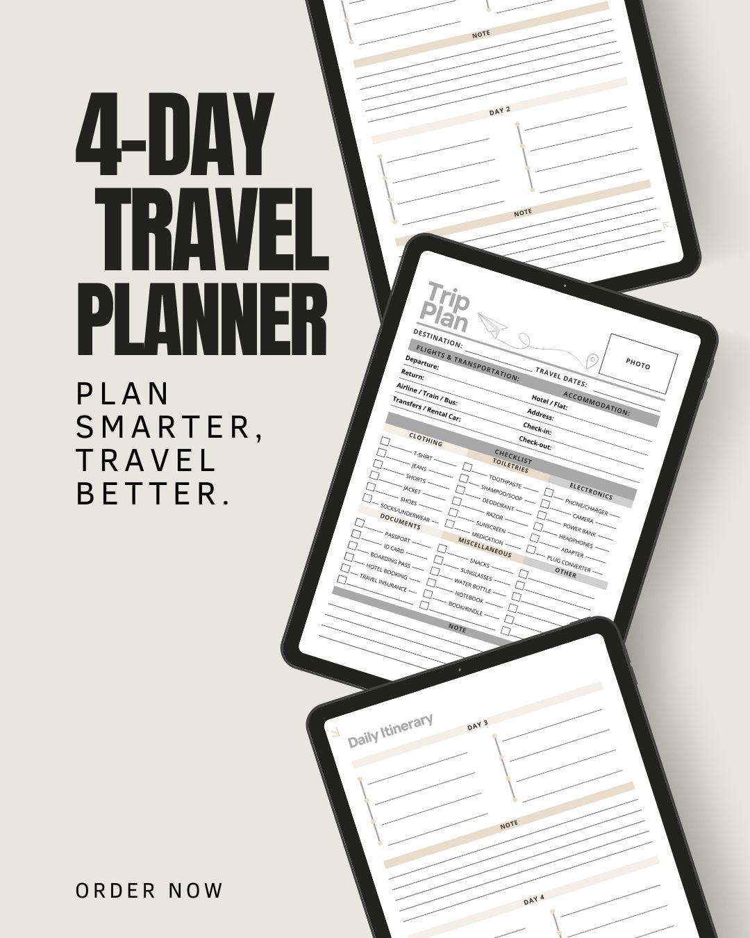 Minimal 4-day Trip Planner • Travel Itinerary Template • Printable ...