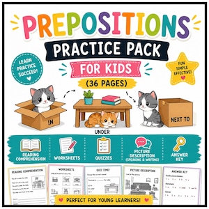 Könnte beinhalten: Ein farbenfrohes Lernposter mit dem Titel "Prepositions Practice Pack for Kids". Das Bild zeigt Zeichentrickkatzen, die Präpositionen wie "in", "under" und "next to" demonstrieren. Enthält Arbeitsblätter, Quiz und einen Antwortschlüssel.
