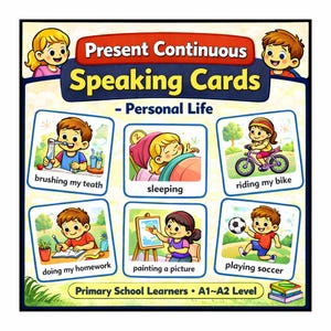 Puede incluir: Tarjetas educativas de conversación para estudiantes de primaria. Las tarjetas presentan ilustraciones de niños realizando actividades diarias, como cepillarse los dientes, dormir, andar en bicicleta, hacer los deberes, pintar y jugar al fútbol. Texto: "Present Continuous Speaking Cards - Personal Life."