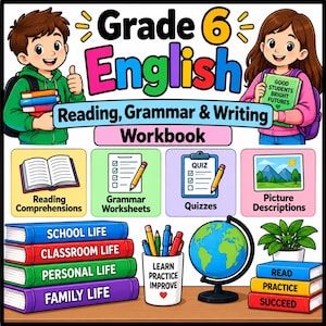 Könnte beinhalten: Ein Englisch-Arbeitsbuch für die 6. Klasse mit einem Jungen und einem Mädchen, betitelt Reading, Grammar & Writing. Es enthält Symbole für Lesen, Grammatik, Quiz, Bildbeschreibungen sowie Bücherstapel, einen Globus und einen Stiftebecher.