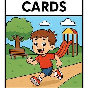 Può includere: Un'illustrazione colorata per "Speaking Cards" raffigura un ragazzo che corre in un parco. L'immagine include uno scivolo, un albero e una panchina. Il testo "SPEAKING CARDS" e "30 CARTE INCLUSE" sono visualizzati.