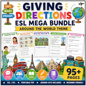 Può includere: Un pacchetto educativo colorato intitolato "GIVING DIRECTIONS ESL MEGA BUNDLE" con varie attività. L'immagine include schede di conversazione, sfide di mappe, istruzioni illustrate ed esercizi di comprensione della lettura. Il pacchetto ha un tema mondiale e ha 95+ pagine.