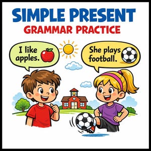 Puede incluir: Ilustración colorida para la práctica de la gramática. La imagen presenta a dos niños con bocadillos de diálogo, uno dice "I like apples" y el otro "She plays football". También se muestran una manzana roja, un sol y un balón de fútbol.