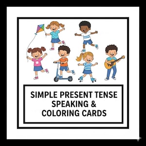 May include: Illustration of children playing with a kite, scooter, and guitar. The image includes the text: SIMPLE PRESENT TENSE SPEAKING & COLORING CARDS. The children are wearing colourful clothes.