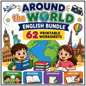 Op de afbeelding: Een digitaal educatief pakket getiteld AROUND THE WORLD ENGLISH BUNDLE met 62 printbare werkbladen. De afbeelding bevat een wereldbol, bezienswaardigheden en twee studerende kinderen. Tekstlabels zijn SPEAKING, READING, GRAMMAR en WRITING.