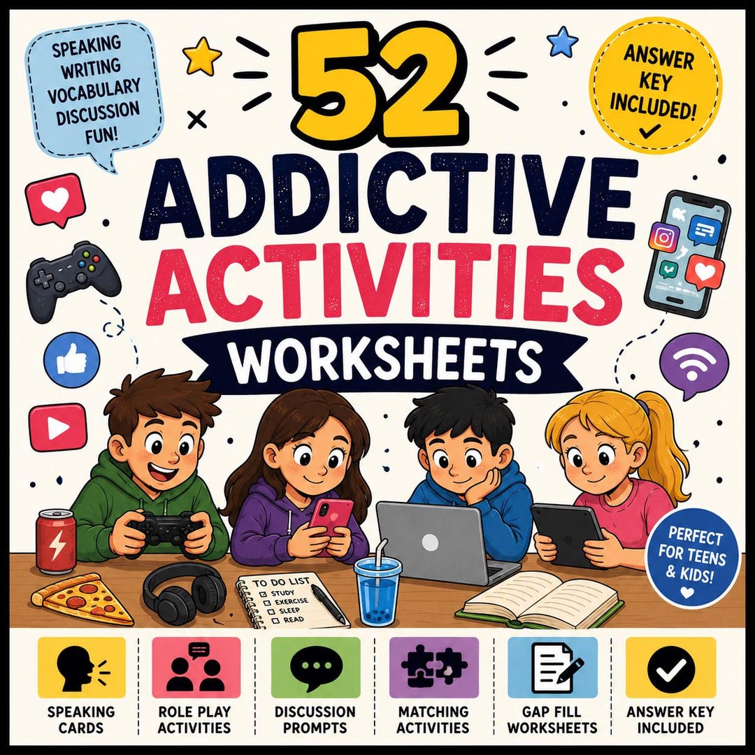 52 Addictive Activities Worksheets – ESL Pack - Etsy