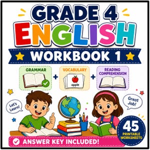 Può includere: Una copertina di quaderno di esercizi Grade 4 English Workbook 1 con testo colorato, un mappamondo, libri e illustrazioni di due bambini che studiano. Il design include sezioni per grammatica, vocabolario e comprensione del testo, oltre a un badge che indica 45 schede stampabili e chiave delle risposte inclusa.
