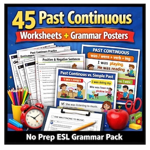 May include: An educational pack for English language learners, including worksheets and grammar posters. The image shows a red alarm clock, a red apple, and colored pencils. Text includes "45 Past Continuous Worksheets + Grammar Posters" and "No Prep ESL Grammar Pack."