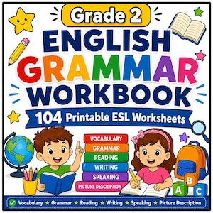 Könnte beinhalten: Ein Arbeitsheft für englische Grammatik der 2. Klasse mit dem Text 104 Printable ESL Worksheets. Das Design zeigt Illustrationen eines Jungen und eines Mädchens beim Lernen, einen Stapel bunter Bücher mit Fächern und Schulmaterialien.