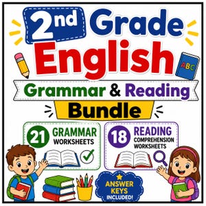 以下が含まれることがあります： 2nd Grade English Grammar & Reading Bundleの教材セット。テキスト、黄色い鉛筆、ABCと書かれた青い本、リュックを背負った少年と少女、本の山、21枚の文法ワークシートと18枚の読解ワークシートを示すアイコンが描かれています。