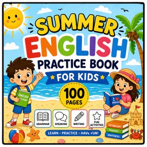 以下が含まれることがあります： 「Summer English Practice Book For Kids」というタイトルの、100ページあるカラフルな子供向けの本。表紙には子供たちのイラスト、ビーチの風景、文法、会話、ライティング、楽しいアクティビティのアイコンが描かれています。英語学習用の本です。