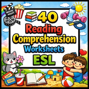 Può includere: Illustrazione colorata con il testo "40 Reading Comprehension Worksheets ESL". L'immagine include una bobina cinematografica, popcorn, libri, manubri, una corda per saltare, un gatto, una bevanda, una scena sulla spiaggia e bambini che si abbracciano.