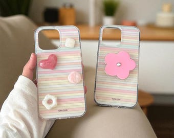 Pastel Striped iPhone Case with 3D Pink Heart & Flower Grip – Clear Girly Case for Coquette, Soft Girl, Kawaii Aesthetic