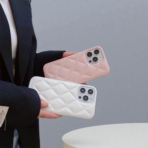 Quilted Leather iPhone Case | Soft Luxury PU Cover | Pink & White Padded Design | Minimal Chic Phone Case | Elegant iPhone Accessory