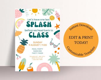 Last Splash Before Class Pool Party Invitation Editable Back to School Summer Party Invite Printable Canva Template Digital Download