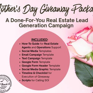 Kit de marketing para sorteos inmobiliarios, campaña de agradecimiento a clientes por el Día de la Madre, sistema de generación de clientes potenciales para agentes inmobiliarios, plantillas para redes sociales