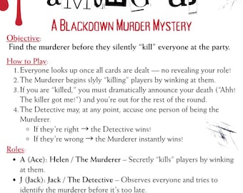 May include: A game guide titled "The Killer Among Us: A Blackdown Murder Mystery." The top of the guide has a red blood splatter design. The guide provides instructions on how to play the murder mystery game, including roles and objectives.