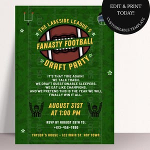 Editable Fantasy Football Draft Party Invitation Canva Template Football League Draft Day Printable Invite Customizable Digital Download