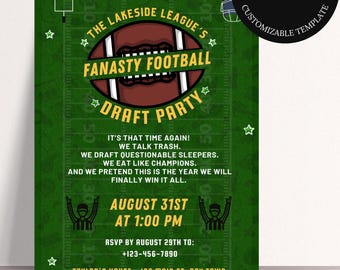 Editable Fantasy Football Draft Party Invitation Canva Template Football League Draft Day Printable Invite Customizable Digital Download
