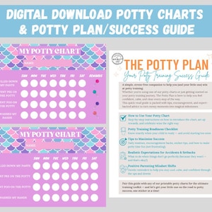 May include: Digital download potty training charts and a potty plan/success guide. The charts have a mermaid scale design in shades of purple, pink, and blue. The guide provides tips and encouragement for potty training success.