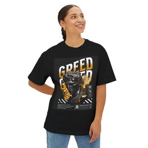 Maglietta oversize "Greed God", t-shirt streetwear, maglietta unisex alla moda, abbigliamento con top squadrato, t-shirt grafica Urban Hipster