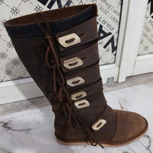 Handcrafted Viking Leather Boots | Rustic Medieval Tall Boots with Side Lacing | Brown Genuine Leather