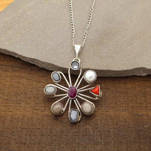 Navratna Flower Pendant in Sterling Silver – Nine Gemstone Design