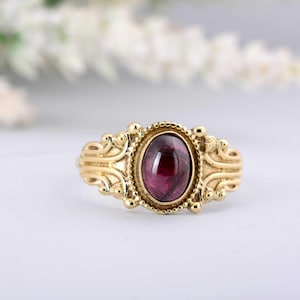 Victorian Garnet Ring in Ornate Gold Brass Setting
