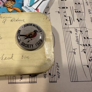 May include: A vintage pin from the National Society, Junior Member, 1929, featuring a bird illustration. The pin is on a yellowed paper with handwritten notes, alongside sheet music and a decorative paper clip.
