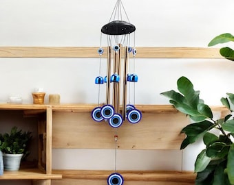 Blue Hanging Decoration Ornament Metal Wind Chimes, Eyes of Providence Wind Chime, Blue Evil Eye Outdoor Hanging Decoration