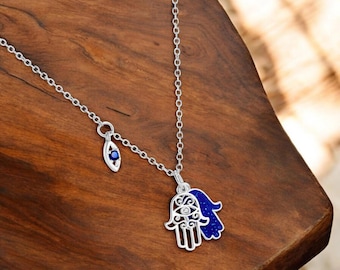 Collar de mano de Hamsa de plata esterlina, collar de mal de ojo, collar de protección, collar de buena suerte, joyería espiritual, regalo para ella