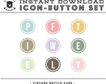 INSTANT DOWNLOAD - Set of 9 Vintage Bottle Cap Social Buttons/Icons - Social Media Buttons - Social Icon Set - Social Media Button Set