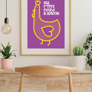 Póster Love Hen (A4 y A5, PDF), morado, amarillo y naranja, estilo años 70, divertido, bonito y vibrante, ideal para decorar paredes de niños o adultos, oficinas y salas de estar.