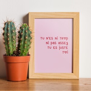 Peut inclure: Un cadre en bois clair avec une impression rose portant le texte français « Tu n'es ni trop ni pas assez tu es juste toi » en rouge. À gauche, un cactus en pot avec des tiges vertes et bleu-vert.