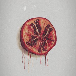 May include: A cross-section of a pomegranate showing deep red seeds and white membrane, with vibrant red juice dripping from the bottom edge. The fruit is rendered in a painterly style against a textured, light gray background.