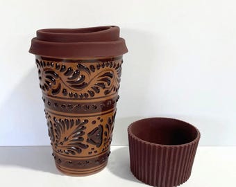 Talavera chocolate brown thermos with border