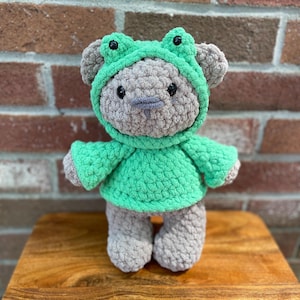 Crochet Frog Hoodie Bear: Handmade Chenille Plush Amigurumi