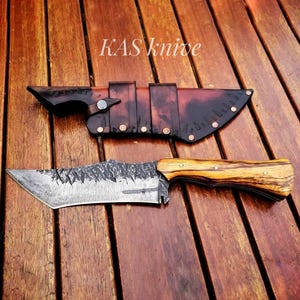 Handmade High-Carbon Steel Skinner Knife: Ash Wood Handle, Leather Sheath