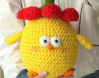 Valentine Flower Chick Pillow Crochet Pattern, Chubby Chicken Plush Toy Amigurumi, Animal Throw Pillow, Small Eyes Big Head Hatched Chick