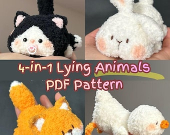 4-in-1 Lying Animals Amigurumi Bundle Crochet Pattern, Lying Cat Kitten, Bunny Rabbit, Fox, Duck, Keychain, Toys, Sleeping Animals Eng PDF