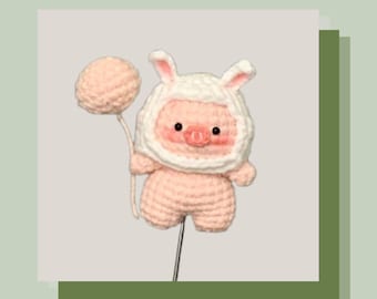 Party Bunny Piggy Crochet Pattern, Amigurumi Pig in Rabbit Hood Holding Balloon, Cute Stuffed Animal Toy, Quirky Pig Keychain Decor