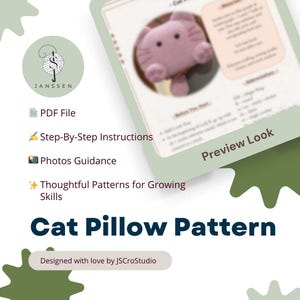 May include: A soft, light purple cat pillow is featured in this image, along with a preview of the pattern instructions. The text "Cat Pillow Pattern" is displayed in a bold, navy blue font. The design includes step-by-step instructions and photo guidance.