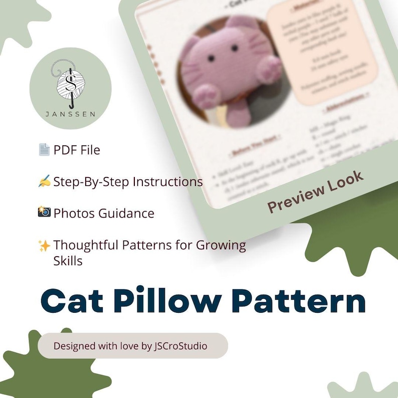 May include: A soft, light purple cat pillow is featured in this image, along with a preview of the pattern instructions. The text "Cat Pillow Pattern" is displayed in a bold, navy blue font. The design includes step-by-step instructions and photo guidance.